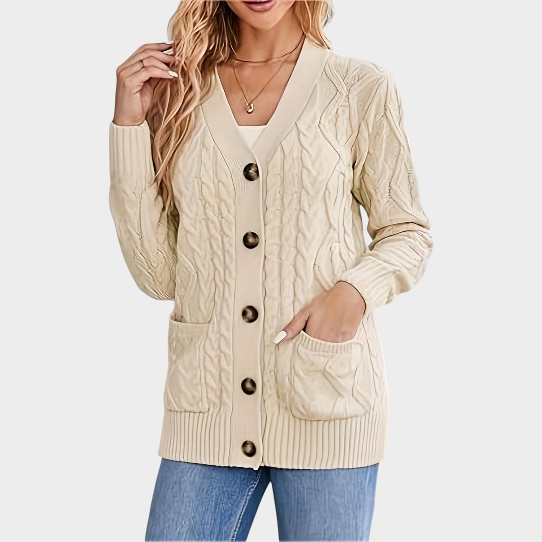 Dames Kabelgebreide Cardigan V-Hals Met Knopen Voor Mid-Length