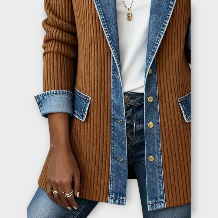 Dames Gebreide Cardigan Met Knopen Voorzijde Denim Detail Geribbeld