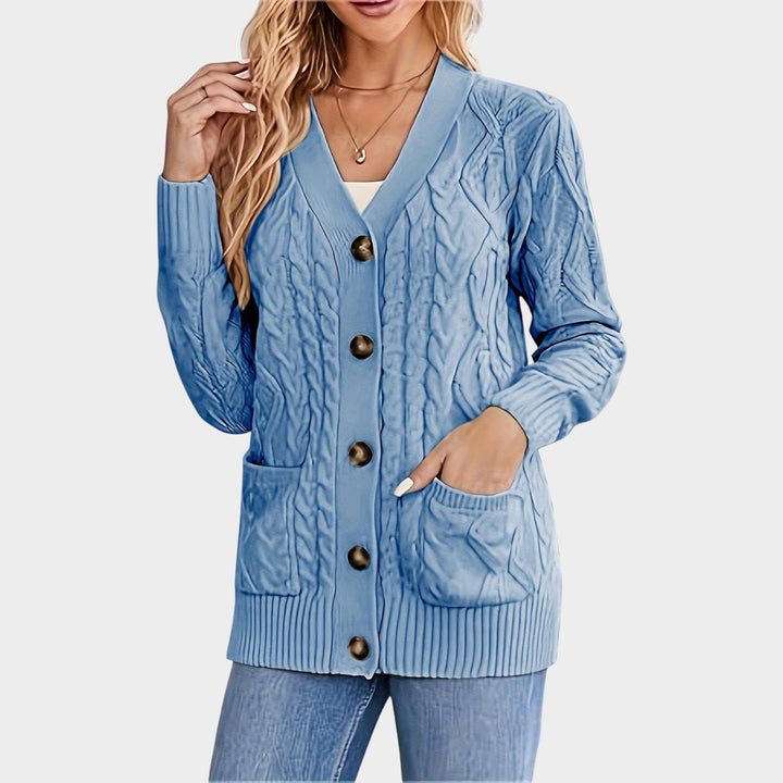 Dames Kabelgebreide Cardigan V-Hals Met Knopen Voor Mid-Length