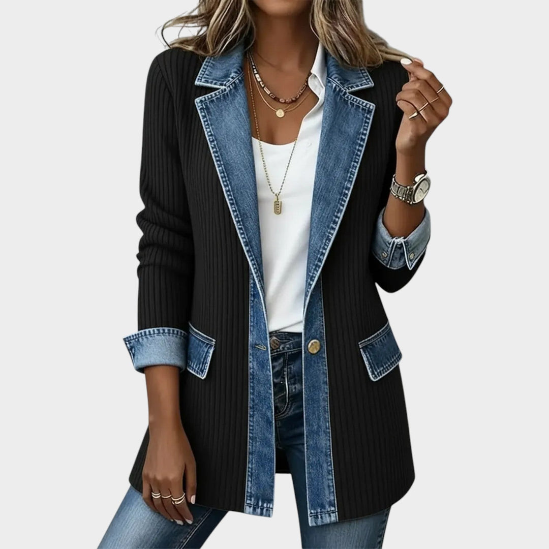 Dames Gebreide Cardigan Met Knopen Voorzijde Denim Detail Geribbeld