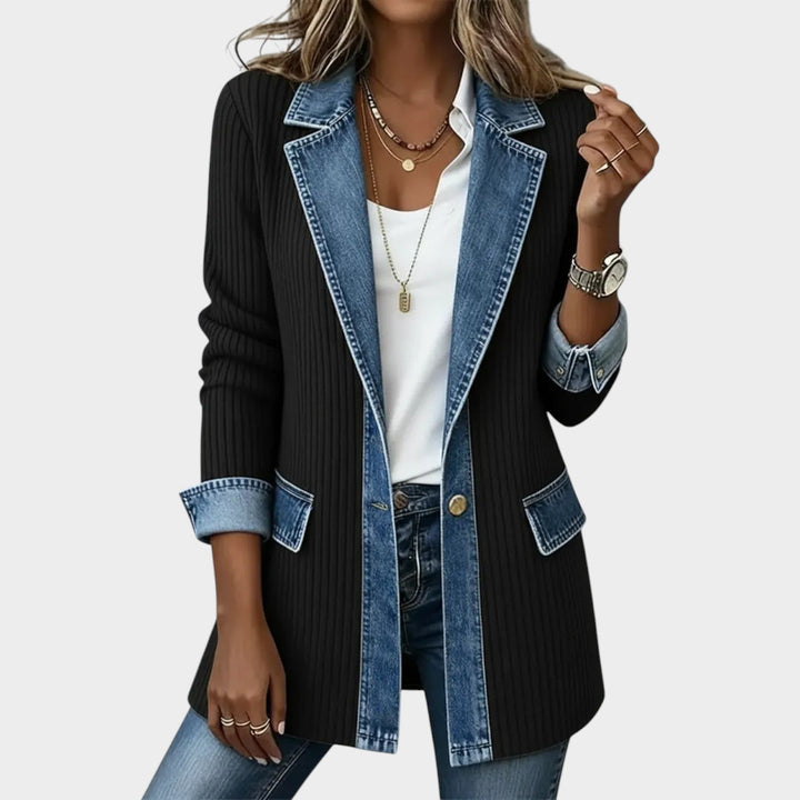 Dames Gebreide Cardigan Met Knopen Voorzijde Denim Detail Geribbeld