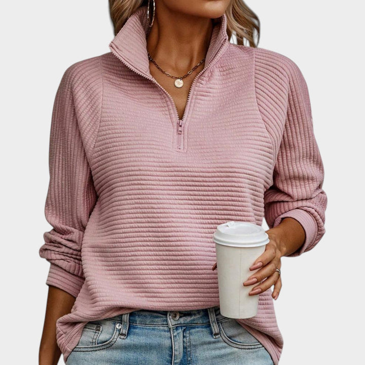 Dames Quarter Zip Gebreide Trui Geribbelde Relaxed Fit