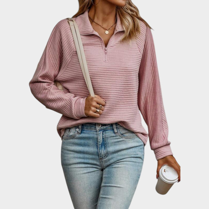 Dames Quarter Zip Gebreide Trui Geribbelde Relaxed Fit