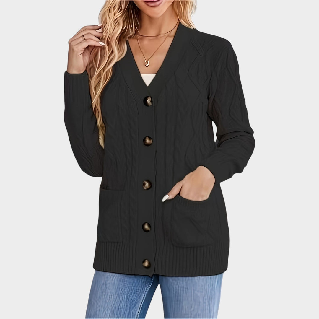 Dames Kabelgebreide Cardigan V-Hals Met Knopen Voor Mid-Length