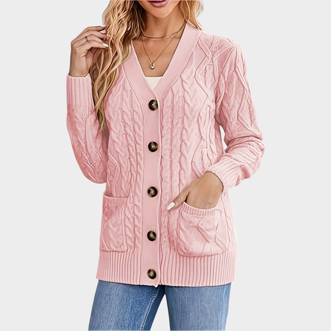 Dames Kabelgebreide Cardigan V-Hals Met Knopen Voor Mid-Length