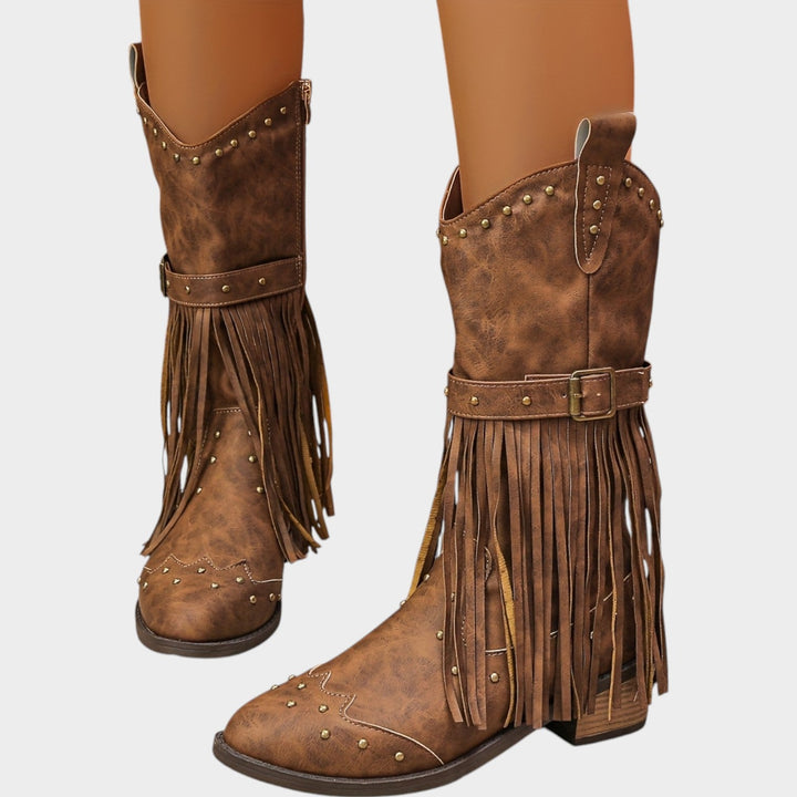 Vrouwen Cowboylaarzen Leer Westerse Franje Mid Calf Laarzen