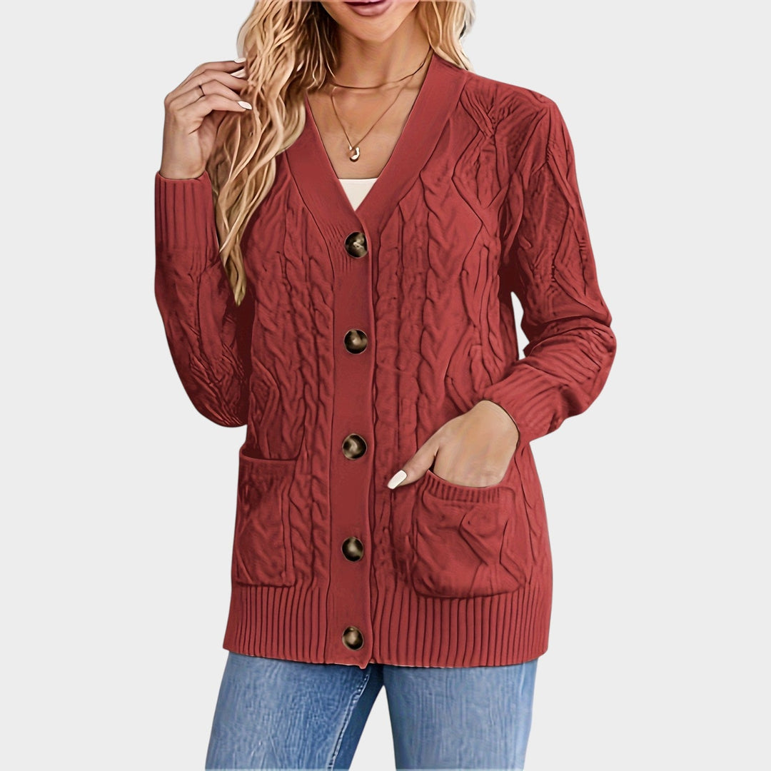 Dames Kabelgebreide Cardigan V-Hals Met Knopen Voor Mid-Length