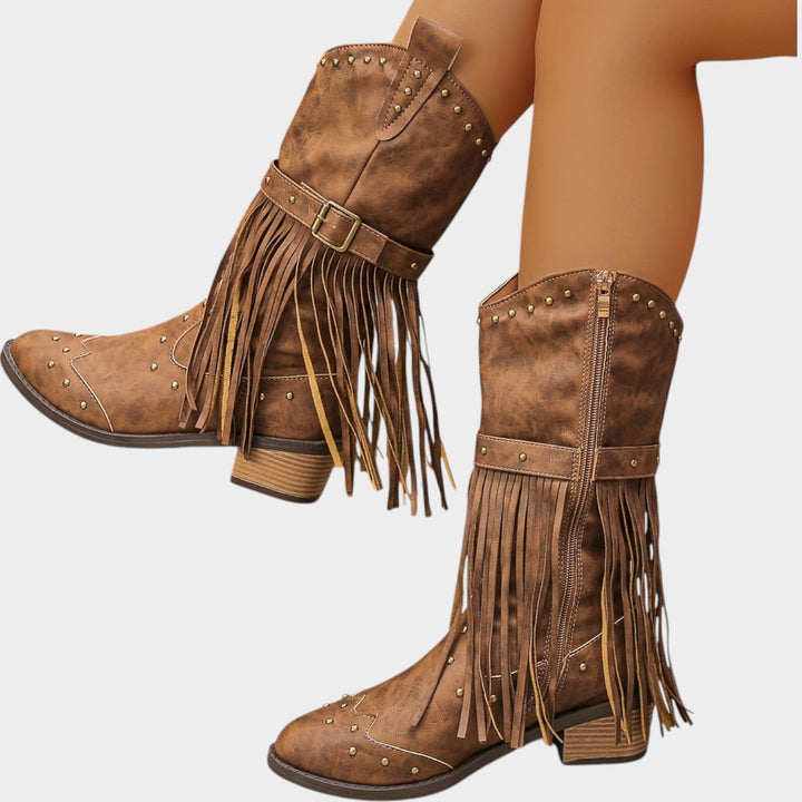 Vrouwen Cowboylaarzen Leer Westerse Franje Mid Calf Laarzen