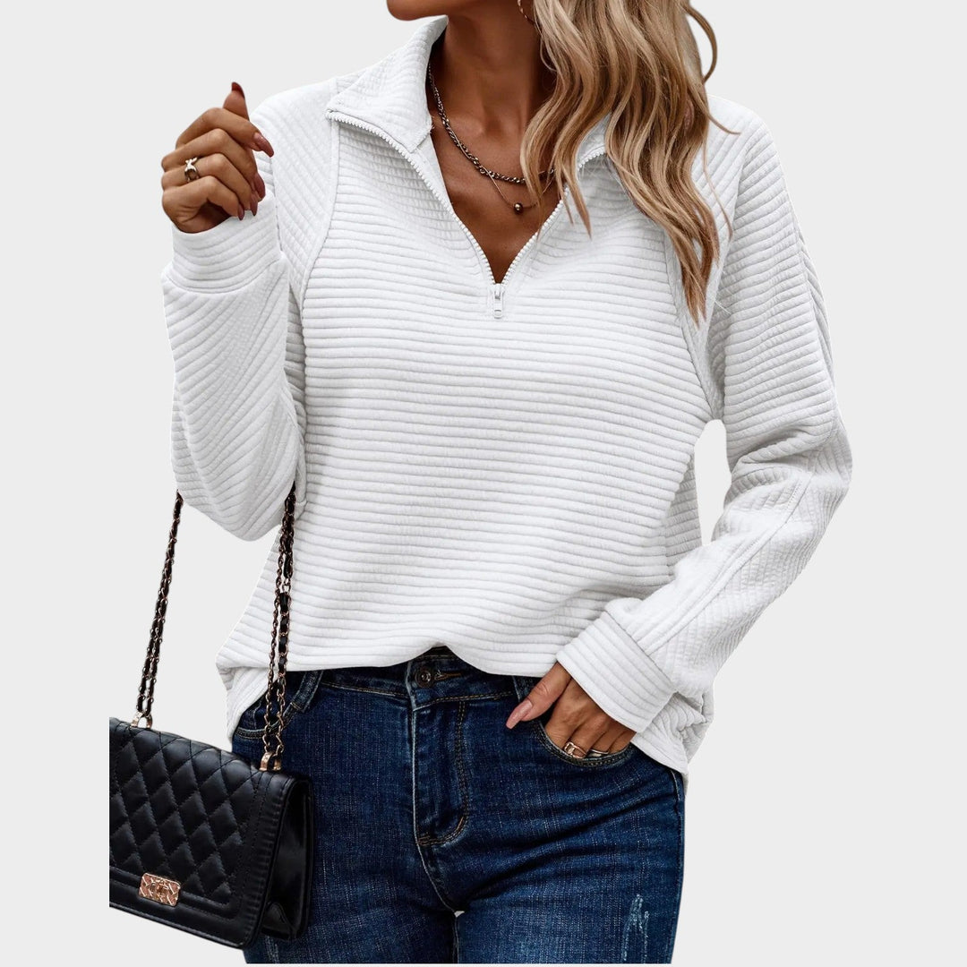 Dames Quarter Zip Gebreide Trui Geribbelde Relaxed Fit