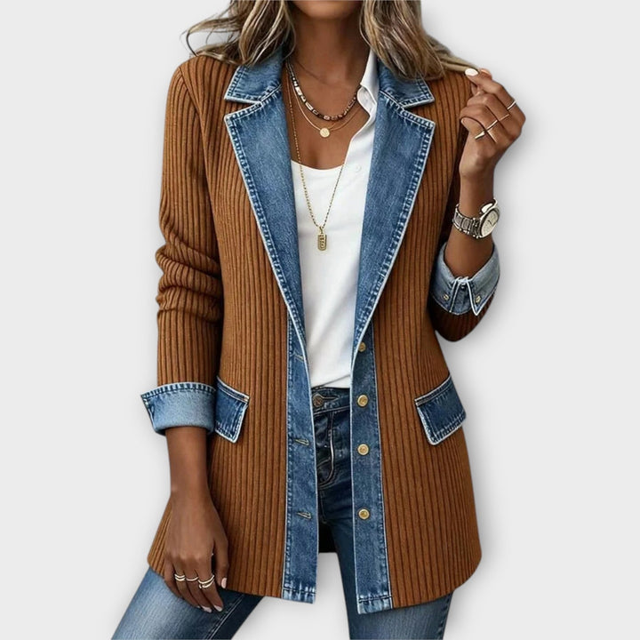 Dames Gebreide Cardigan Met Knopen Voorzijde Denim Detail Geribbeld