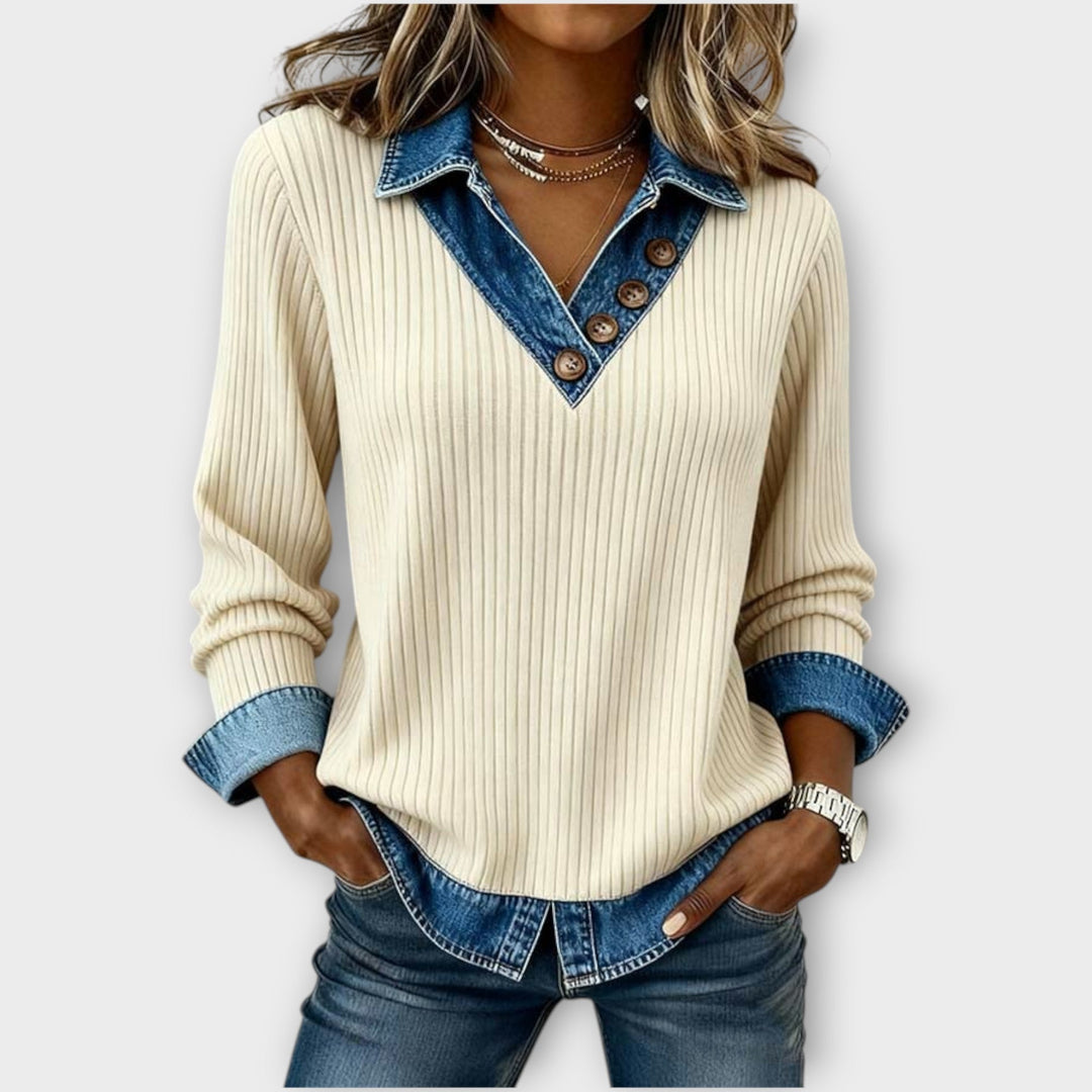 Dames Gebreide Trui V-Hals Denim Kraag