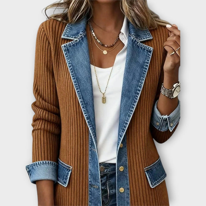 Dames Gebreide Cardigan Met Knopen Voorzijde Denim Detail Geribbeld