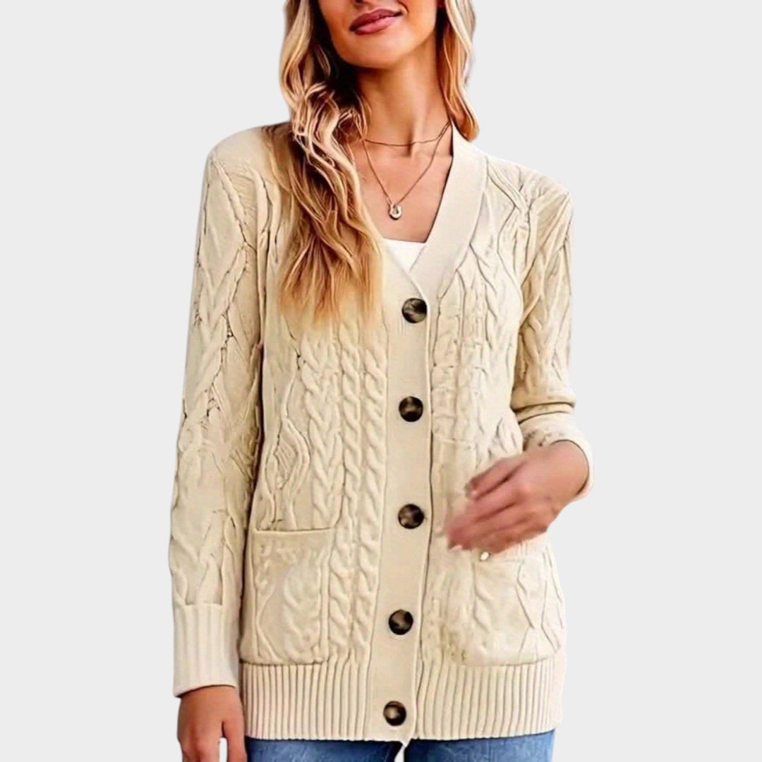 Dames Kabelgebreide Cardigan V-Hals Met Knopen Voor Mid-Length