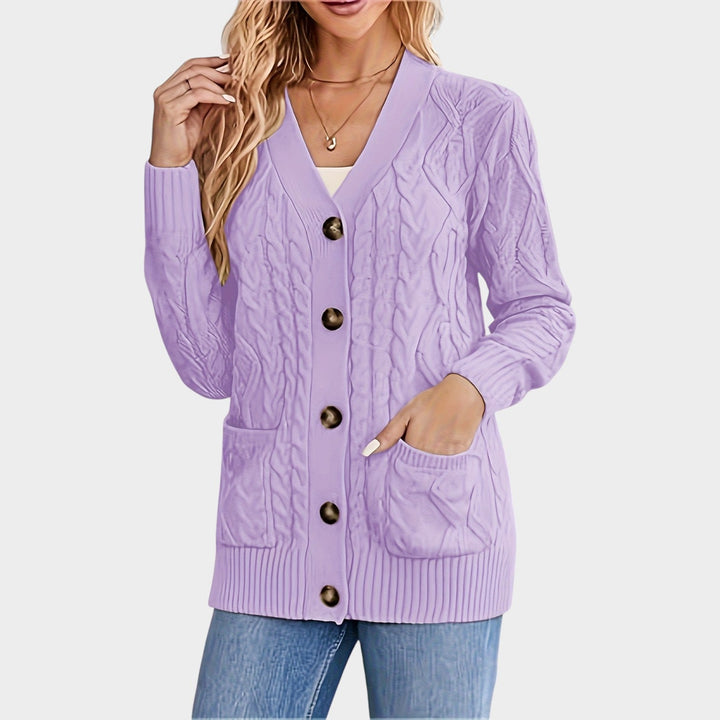 Dames Kabelgebreide Cardigan V-Hals Met Knopen Voor Mid-Length