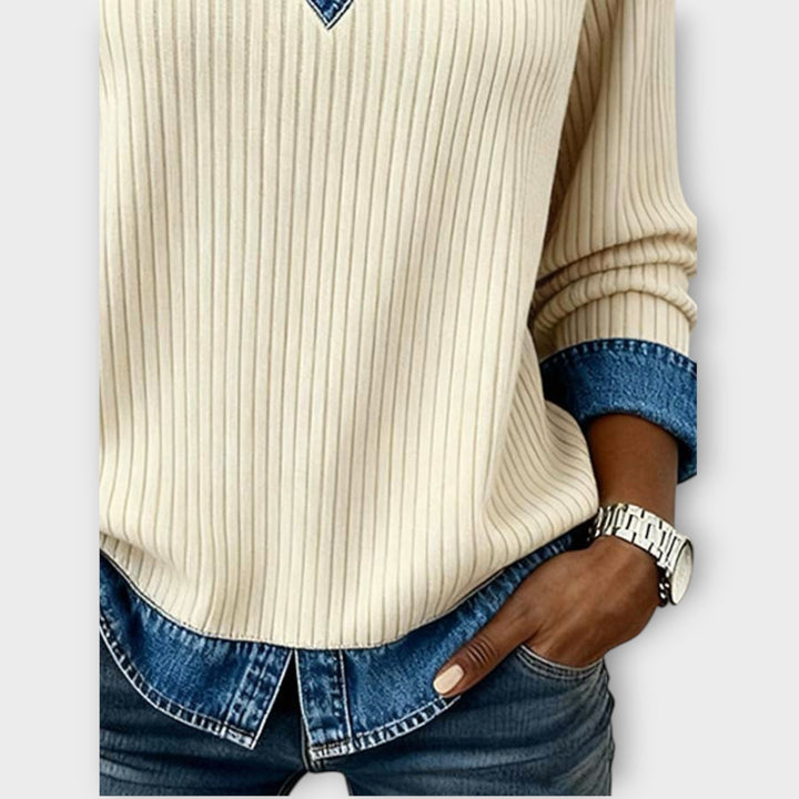 Dames Gebreide Trui V-Hals Denim Kraag