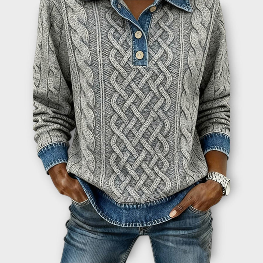 Dames Kabelgebreide Trui Met Knopen Voorzijde Denim Kraag