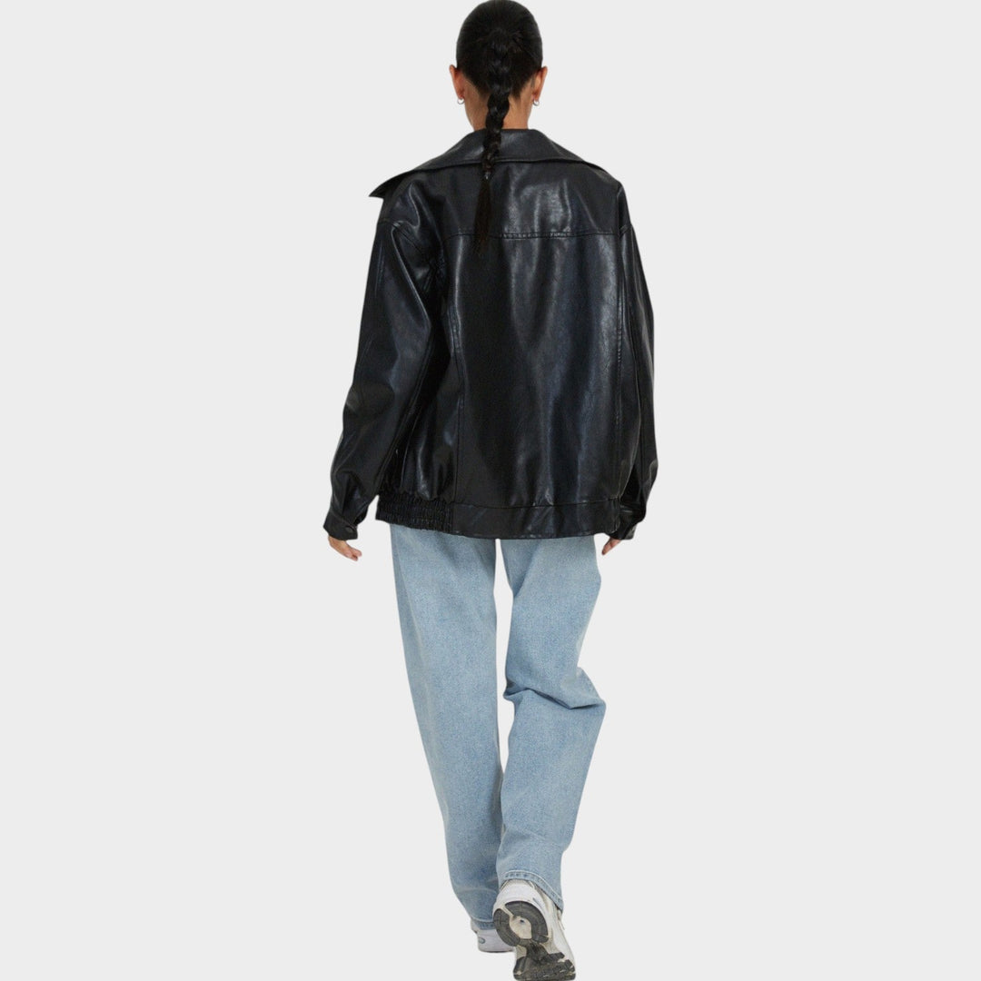 Dames Leren Bomberjack Oversized Met Rits
