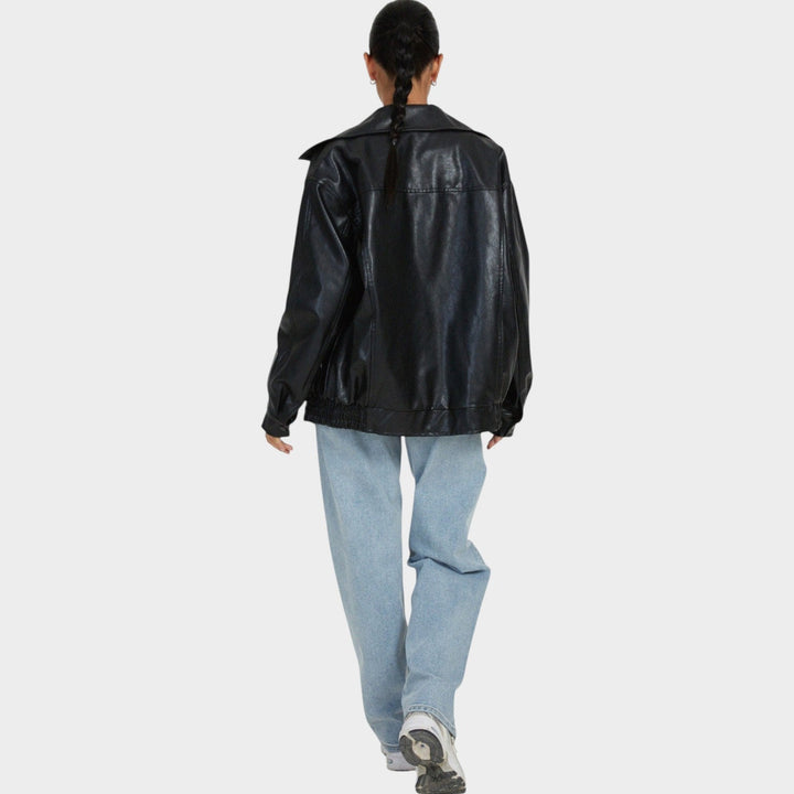 Dames Leren Bomberjack Oversized Met Rits