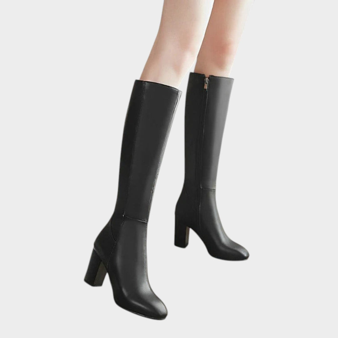 Dames Leren Kniestiefels Casual Blokhak Zijrits