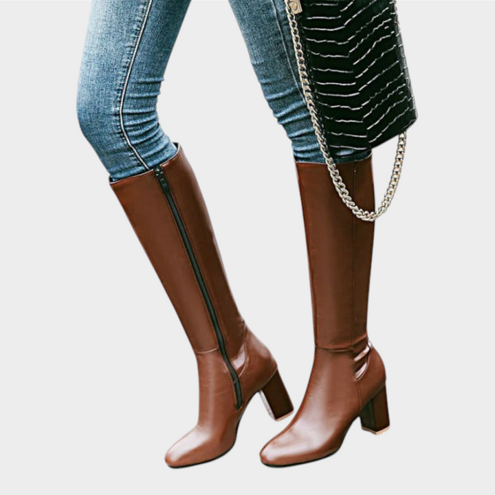 Dames Leren Kniestiefels Casual Blokhak Zijrits