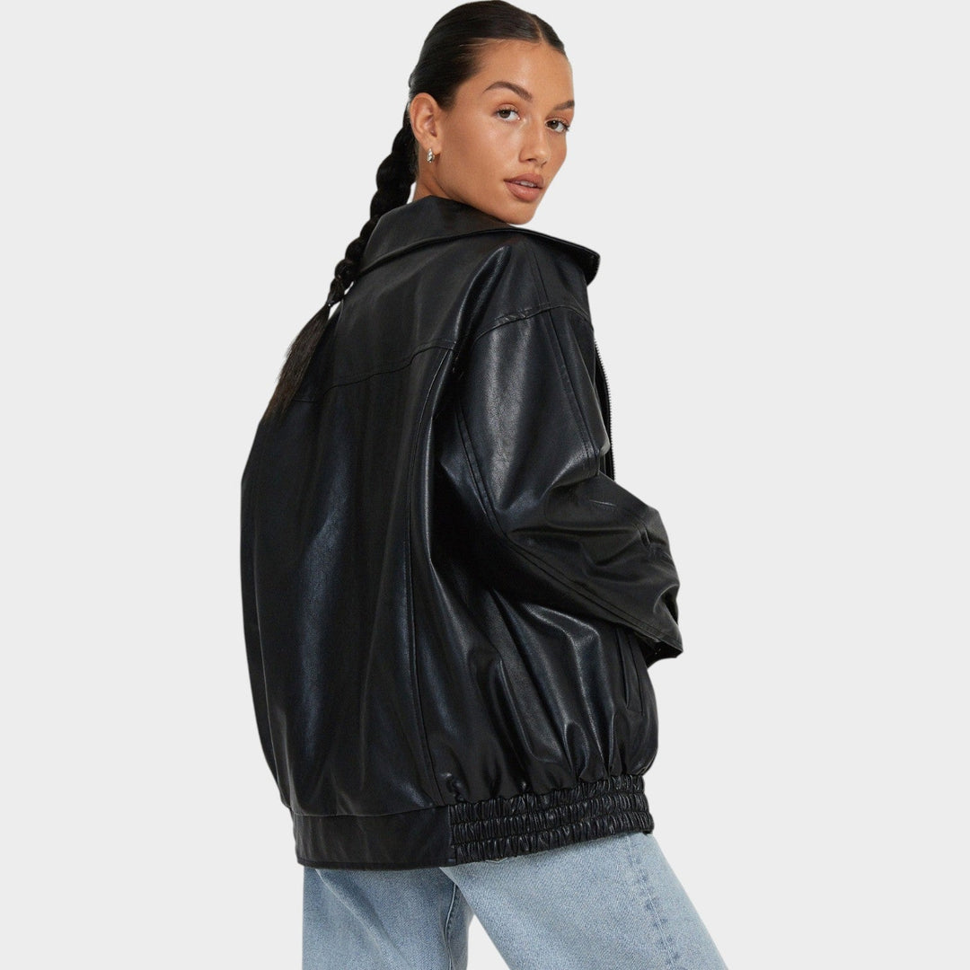 Dames Leren Bomberjack Oversized Met Rits