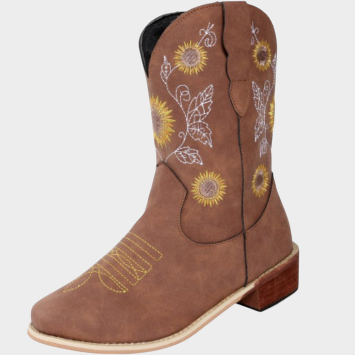 Dames Cowboylaarzen met Zonnebloem Borduursel en Blokhak