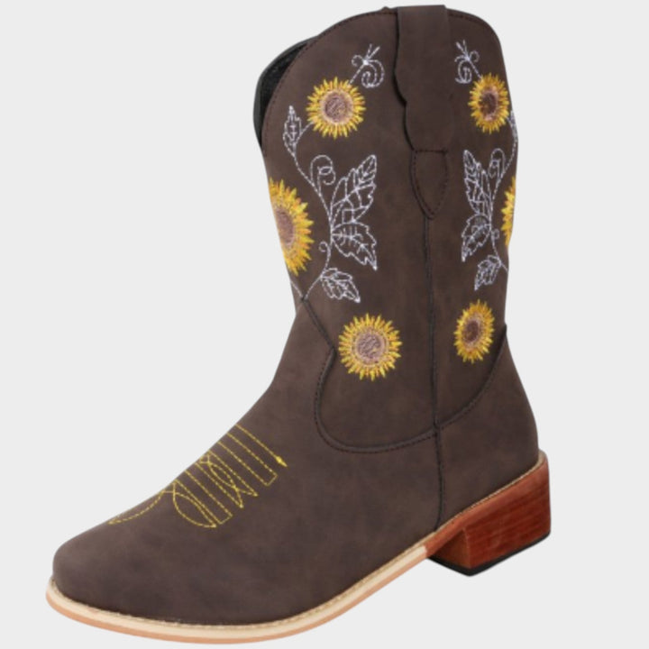 Dames Cowboylaarzen met Zonnebloem Borduursel en Blokhak