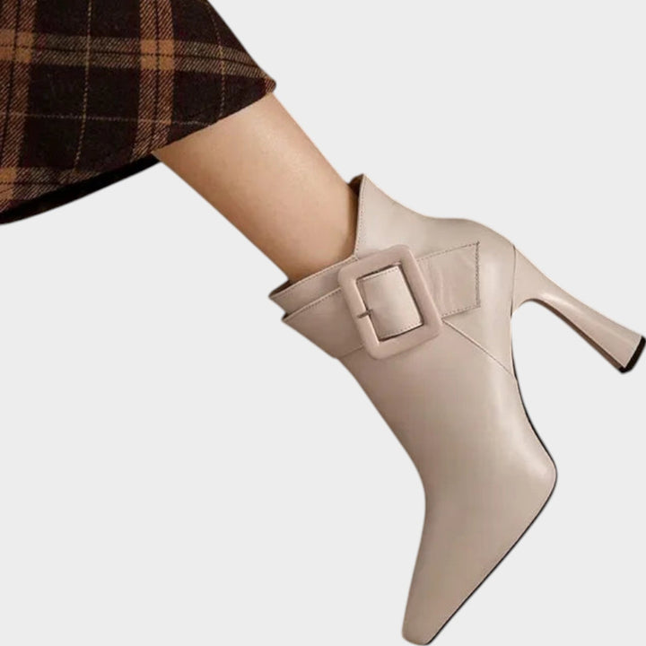 Dames Leren Enkellaarsjes Hakken met Gesp Detail