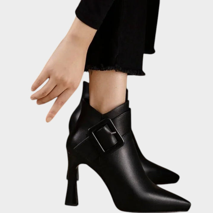 Dames Leren Enkellaarsjes Hakken met Gesp Detail