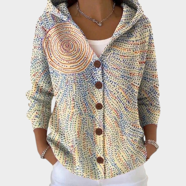 Dames Gebreide Cardigan Met Patroon en Knopen Voorzijde met Kap