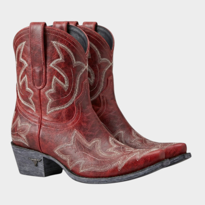 Dames Leren Cowboylaarzen Westers Geborduurd Halflang