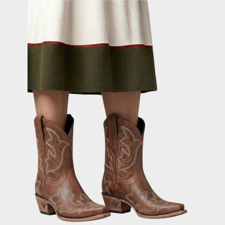Dames Leren Cowboylaarzen Westers Geborduurd Halflang