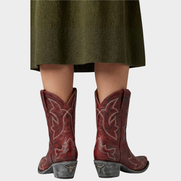 Dames Leren Cowboylaarzen Westers Geborduurd Halflang