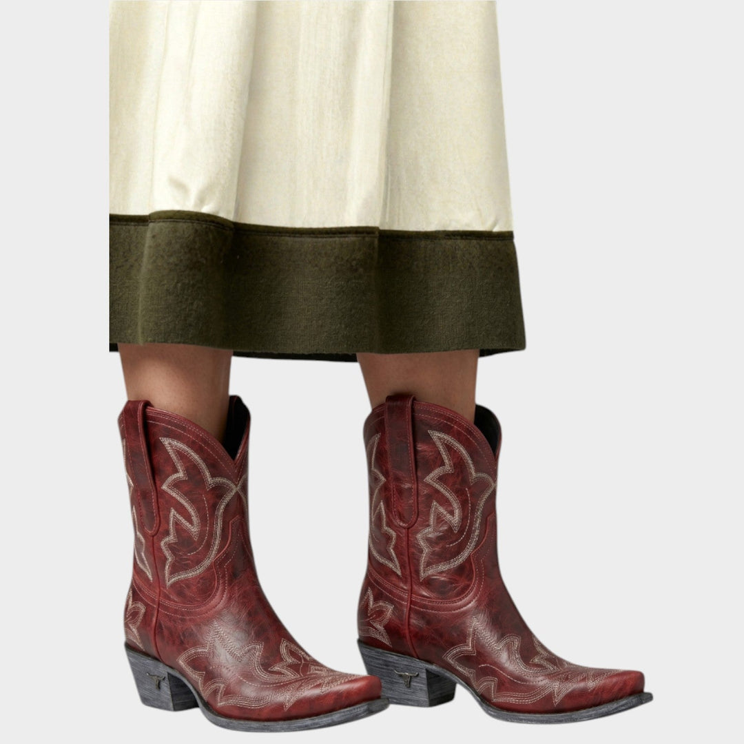 Dames Leren Cowboylaarzen Westers Geborduurd Halflang
