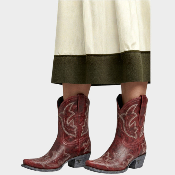 Dames Leren Cowboylaarzen Westers Geborduurd Halflang