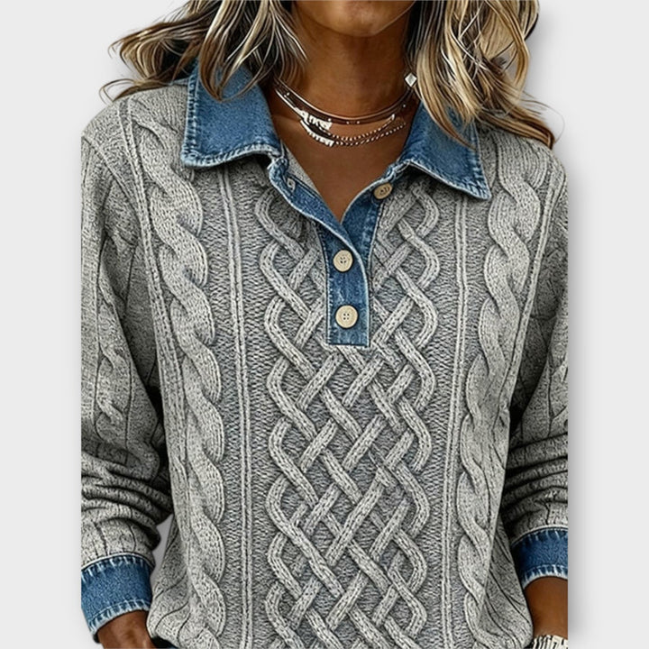 Dames Kabelgebreide Trui Met Knopen Voorzijde Denim Kraag
