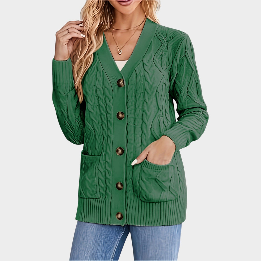 Dames Kabelgebreide Cardigan V-Hals Met Knopen Voor Mid-Length