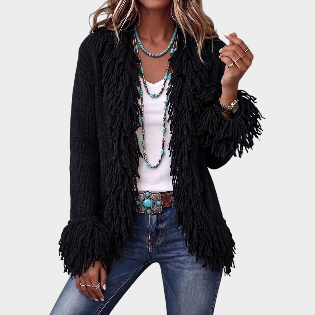 Dames Gebreide Cardigan met Franje Trim Open Voorkant Cozy Stijl