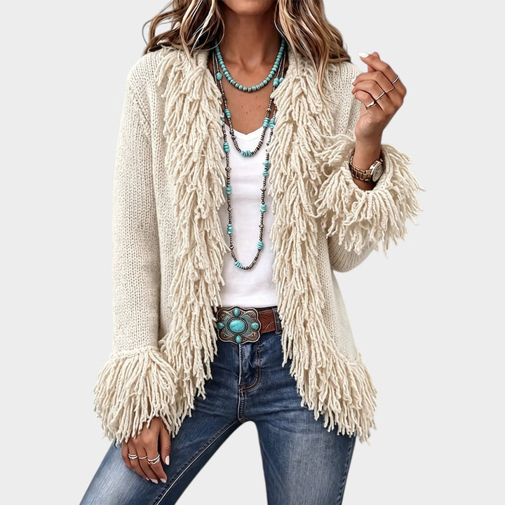 Dames Gebreide Cardigan met Franje Trim Open Voorkant Cozy Stijl