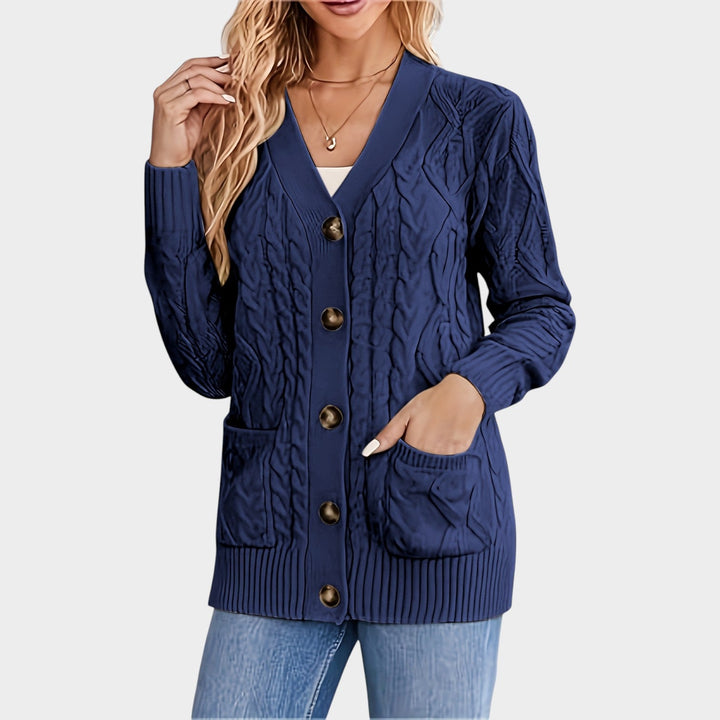 Dames Kabelgebreide Cardigan V-Hals Met Knopen Voor Mid-Length