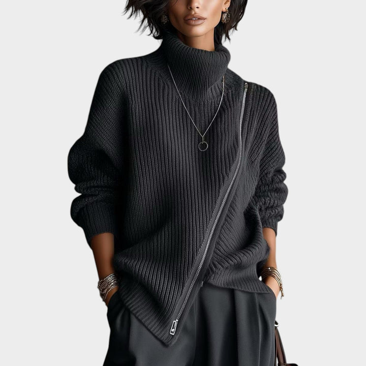 Dames Turtleneck Gebreide Trui Asymmetrische Rits Voorkant