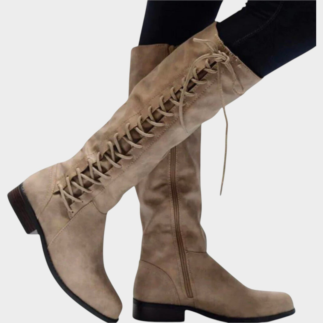Dames Leren Kniehoog Laarsjes Met Veters, Slipbestendig