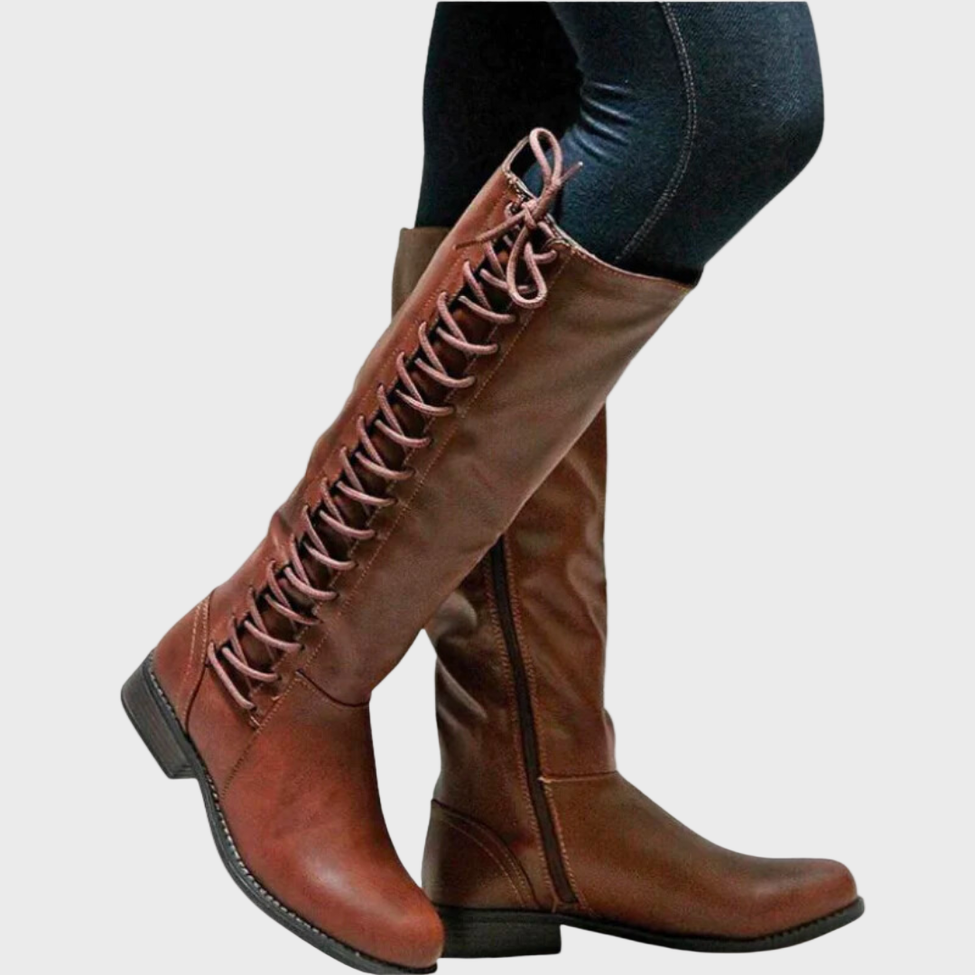 Dames Leren Kniehoog Laarsjes Met Veters, Slipbestendig