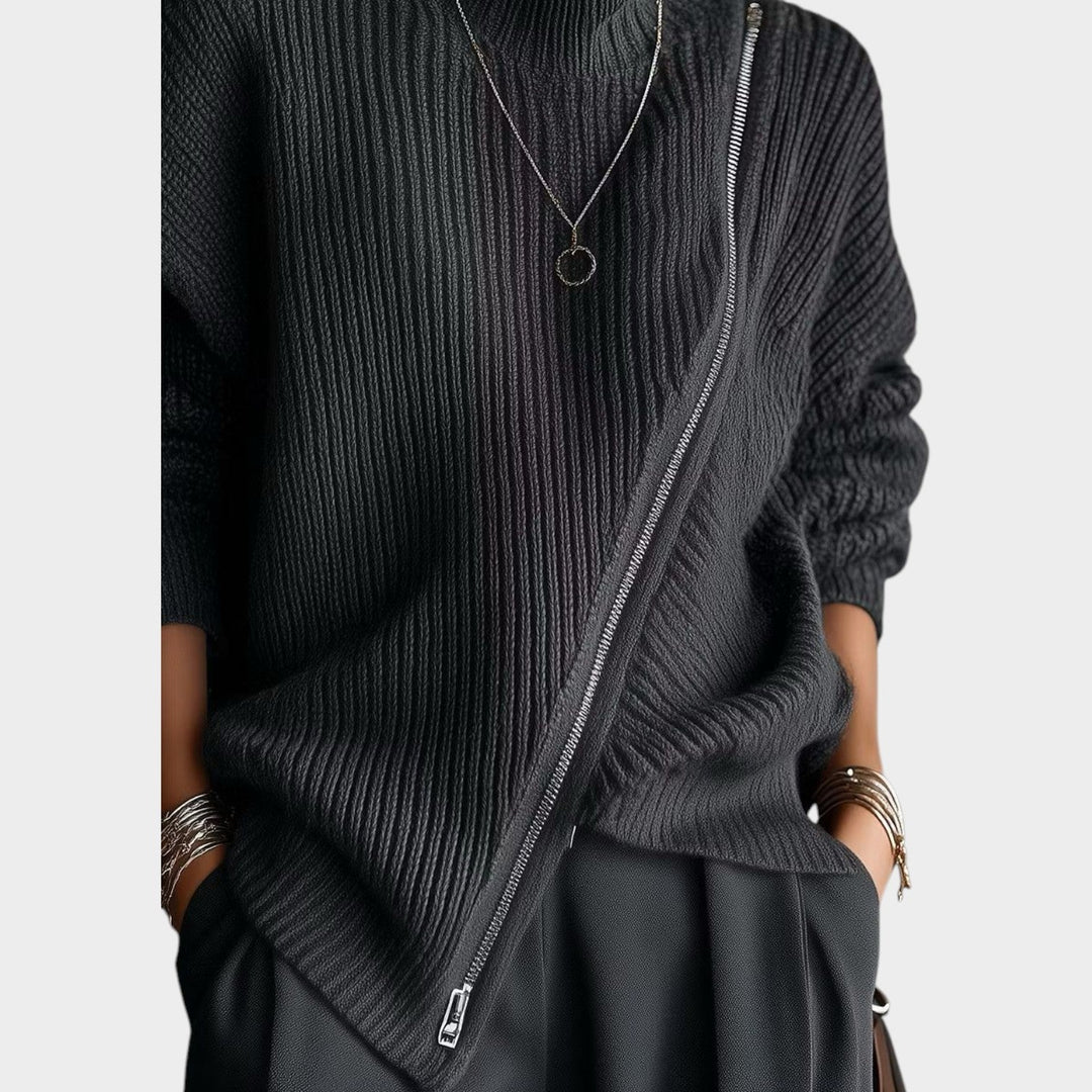 Dames Turtleneck Gebreide Trui Asymmetrische Rits Voorkant