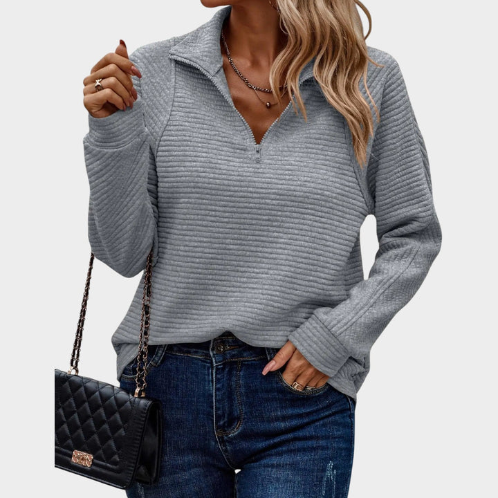 Dames Quarter Zip Gebreide Trui Geribbelde Relaxed Fit