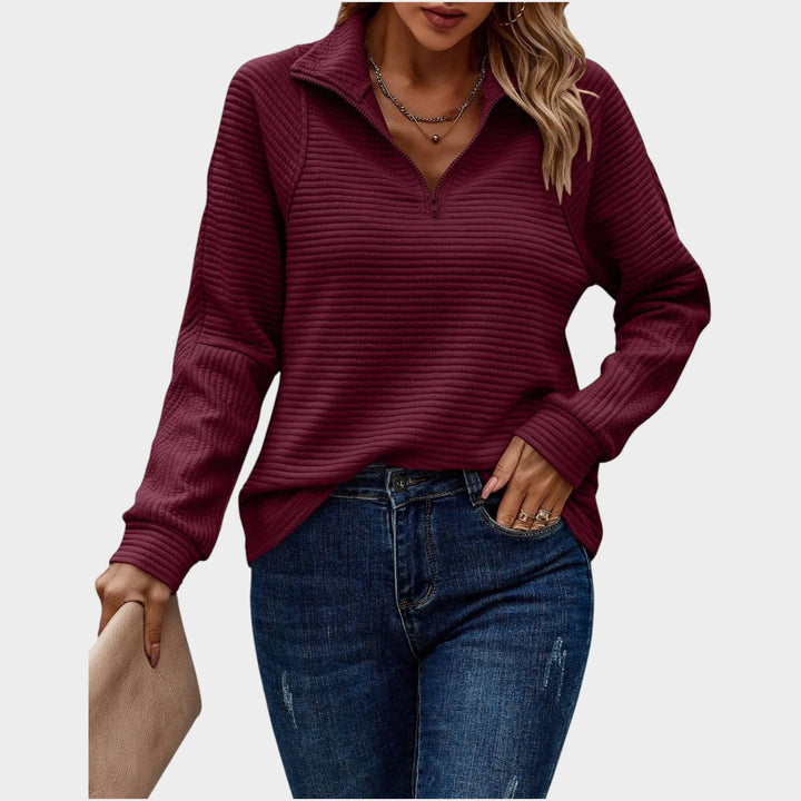 Dames Quarter Zip Gebreide Trui Geribbelde Relaxed Fit