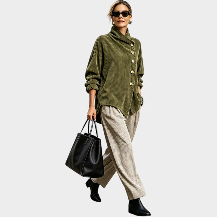 Dames Corduroy Cardigan Top Met Hoge Hals Asymmetrische Zoom