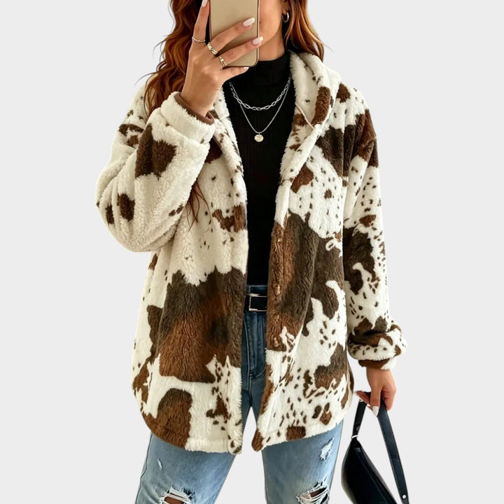 Vrouwen Fleece Jas Koeienprint Retro Stijl