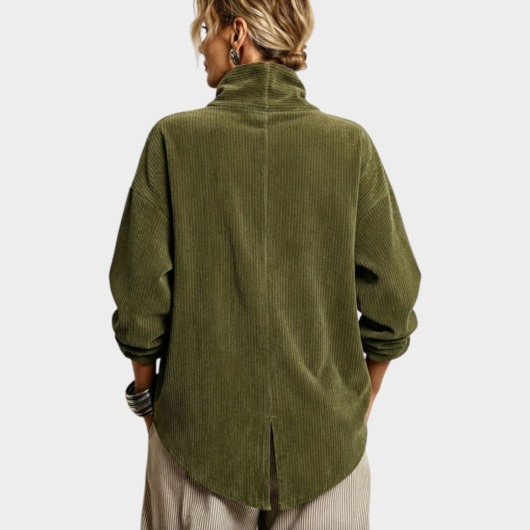 Dames Corduroy Cardigan Top Met Hoge Hals Asymmetrische Zoom