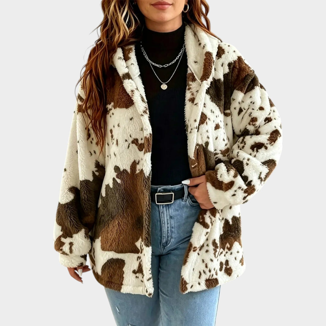 Vrouwen Fleece Jas Koeienprint Retro Stijl